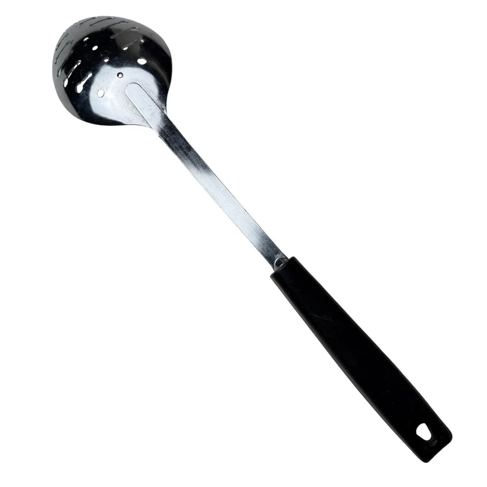 Vintage EKCO Slotted Spoon Chromium Plated Black Handle Made in USA 11.5 Inch‎